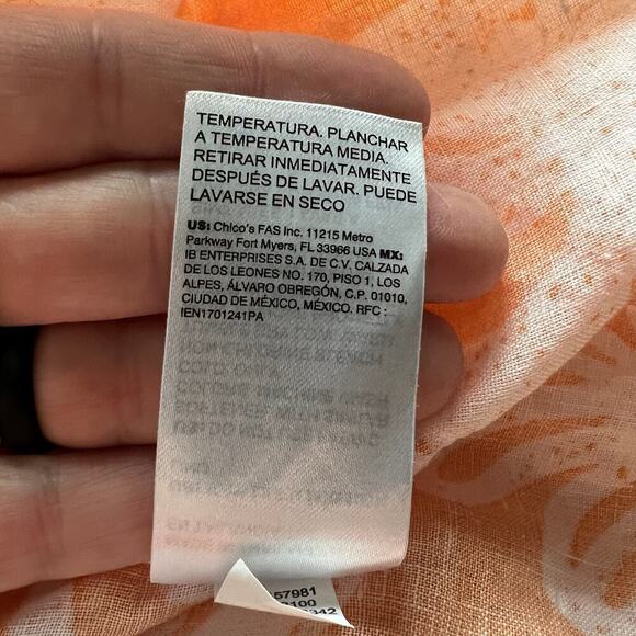 Chico’s Woman’s Orange White Linen Scroll Button Down 3/4 Sleeve Shirt- Size 3 - Picture 7 of 12